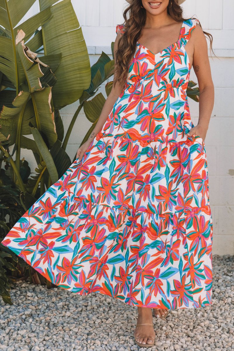Red Boho Floral Ruffled Strap V Neck Maxi Dress for Summer and Beach - Love Salve